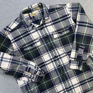 Vintage LL Bean Shirt Mens XL Blue Plaid Oxford Style Flannel Workshirt Pockets